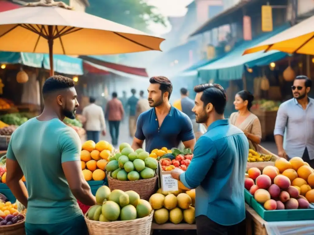 Una vibrante escena de mercado al aire libre con diversidad cultural y un ambiente de intercambio, iluminada por una cálida luz dorada