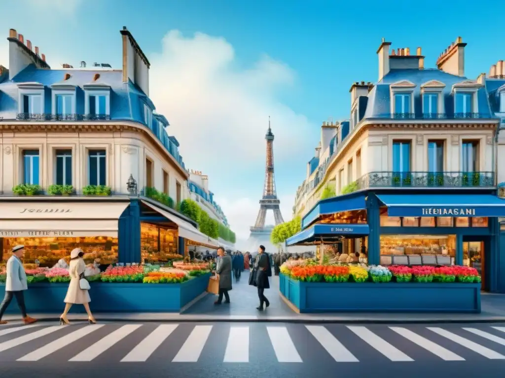 Vibrante escena parisina con la Torre Eiffel, cafés y lugareños hablando francés