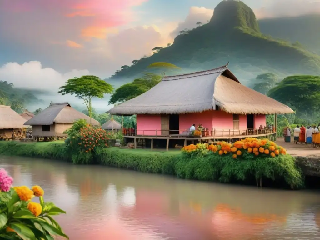 Vibrante ilustración acuarela de una escena tradicional en un pueblo Chontal de Tabasco, con casas de paja y gente en atuendos coloridos, rodeados de naturaleza exuberante y el cálido resplandor del atardecer