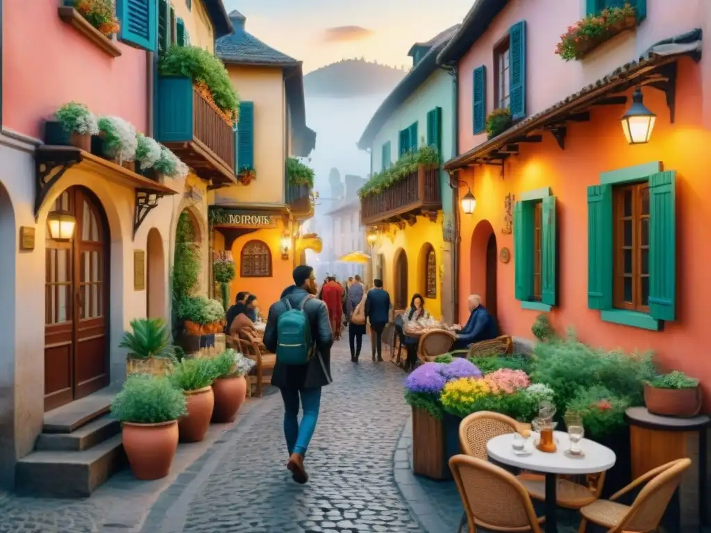 Vibrante escena de turismo lingüístico cultural en café de calles empedradas