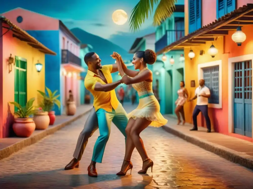 Un vibrante escenario caribeño con gente bailando salsa bajo la luna