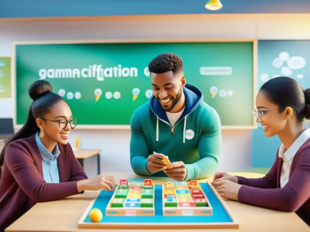 Un vibrante escenario de gamificación en la enseñanza de idiomas, con estudiantes comprometidos y entusiastas en un aula dinámica y colorida