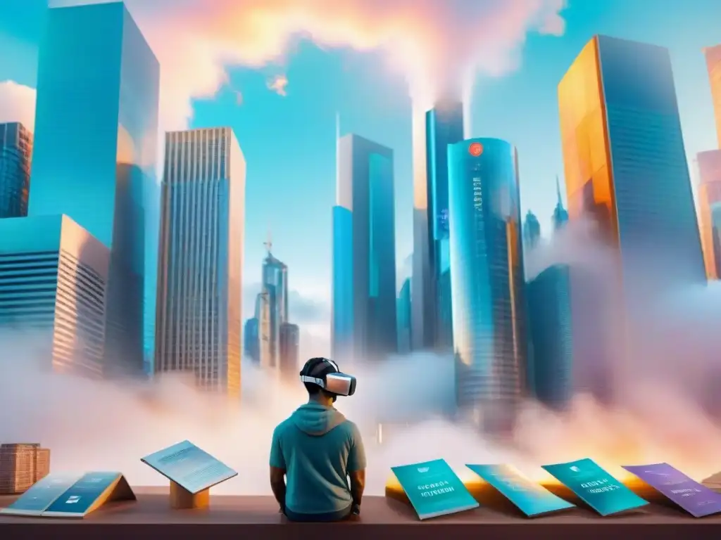 Un vibrante escenario de realidad virtual para aprender idiomas con estudiantes rodeados de libros y hologramas en una ciudad futurista