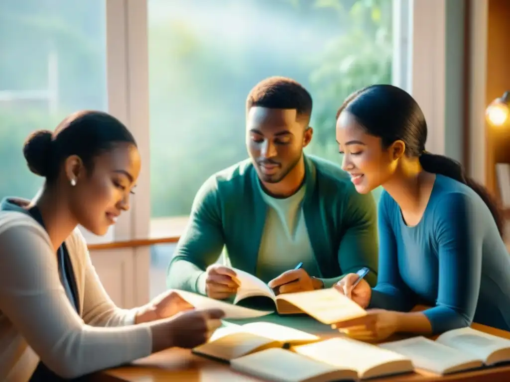 Vibrante ilustración acuarela de estudiantes en actividad de aprendizaje de idiomas, resaltando la neurolingüística en educación bilingüe