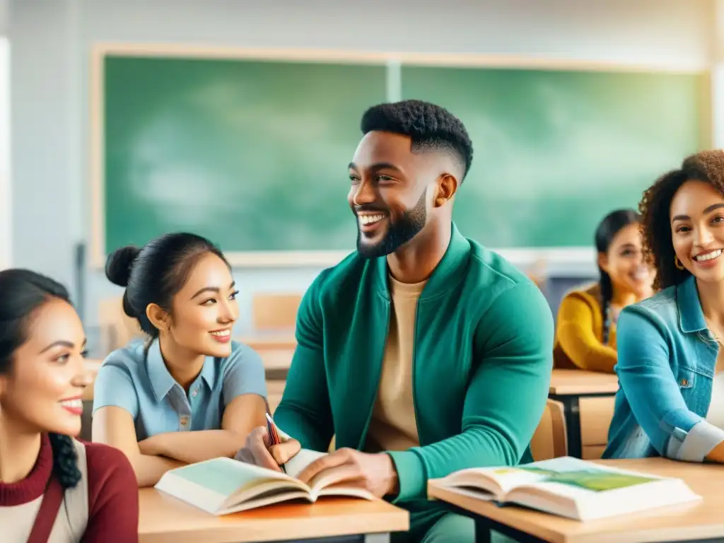 Diálogo multicultural: estudiantes diversos en aula vibrante Ilustración acuarela vibrante de estudiantes diversos en aula