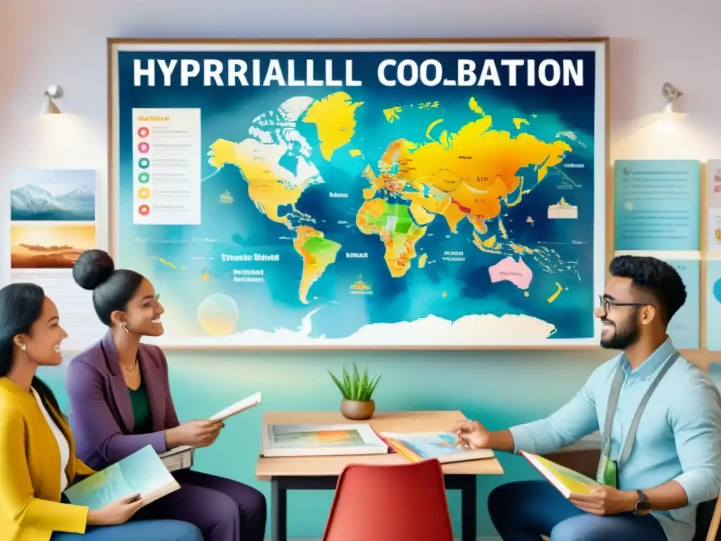 Debate multicultural en aula vibrante Ilustración acuarela vibrante de estudiantes diversos debatiendo en varios idiomas, rodeados de libros y herramientas educativas en un aula moderna