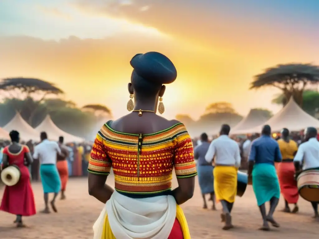 Un vibrante festival africano con músicos, bailarines y artesanías hechas a mano, bajo un cálido atardecer