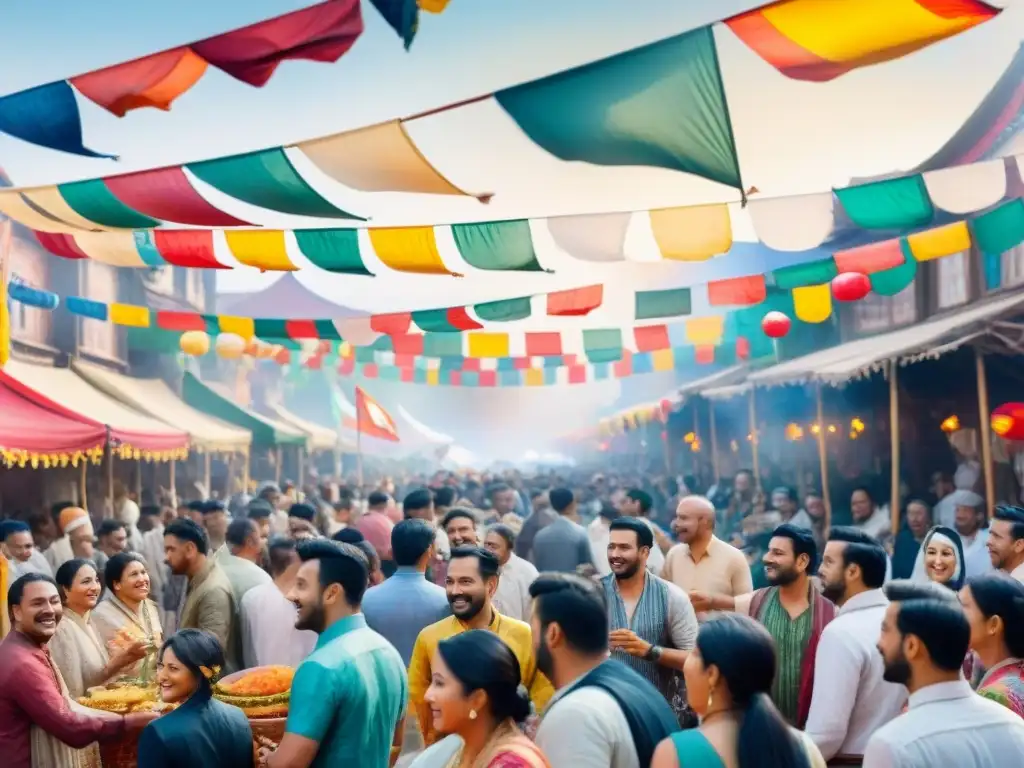 Un vibrante festival callejero con personas de diversas culturas celebrando juntas