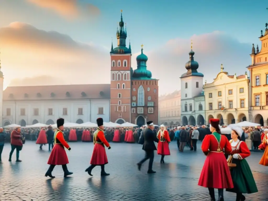 Un vibrante festival cultural en la Plaza Principal de Cracovia, Polonia, con trajes tradicionales y música folclórica