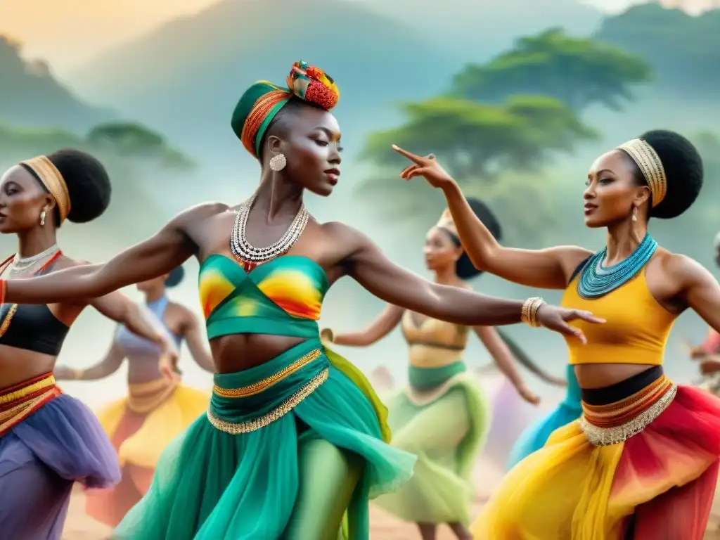 Un vibrante festival de danzas africanas, diversidad lingüística en ilustración acuarela