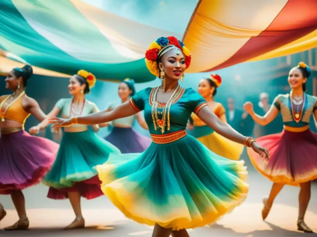 Un vibrante festival de danzas con diversidad lingüística: bailarines de todo el mundo en trajes tradicionales moviéndose con gracia y pasión