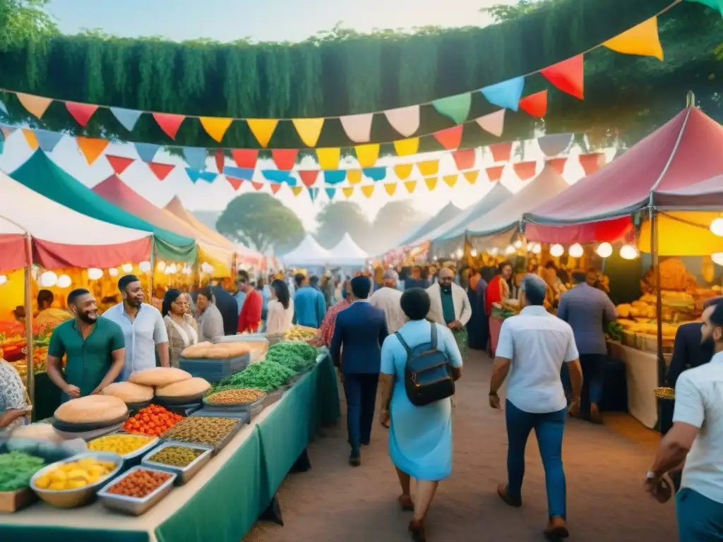 Un vibrante festival gastronómico multicultural con gente diversa disfrutando de platos del mundo, entre banderas y decoración festiva