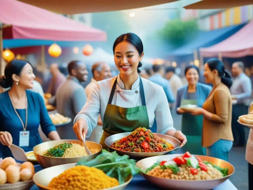 Vibrante festival gastronómico multicultural con diversas culturas compartiendo comida y experiencias