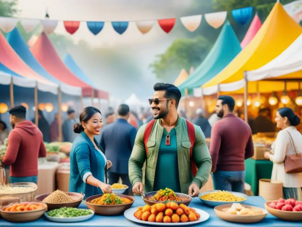 Vibrante festival gastronómico multicultural con diversidad de comidas del mundo y gente feliz disfrutando de la celebración