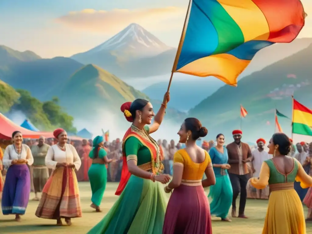 Festival multicultural vibrante: ilustración acuarela 8k Vibrante festival multicultural con personas de diversas culturas celebrando juntas al atardecer