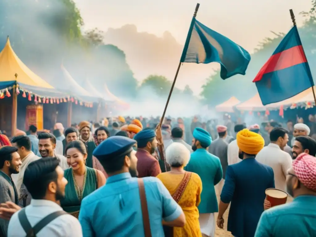 Vibrante ilustración acuarela de festivales culturales lenguas del mundo: colores, detalles y diversidad en una escena festiva multicultural