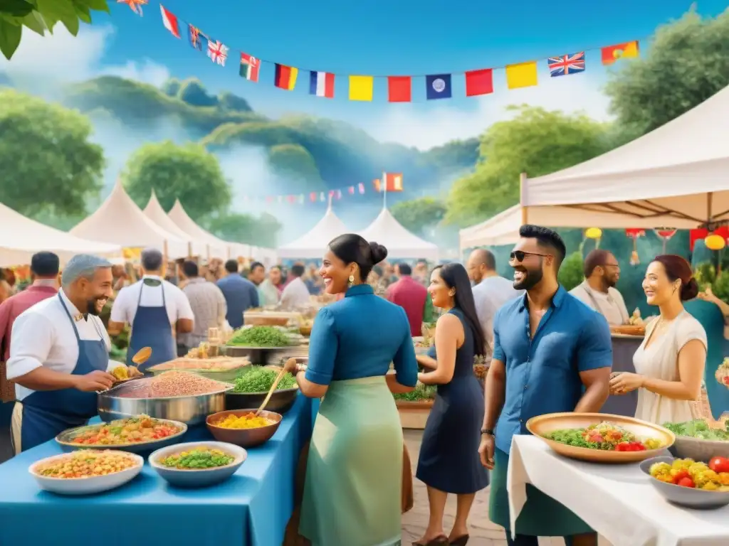 Vibrante ilustración acuarela de festivales culturales gastronomía multicultural