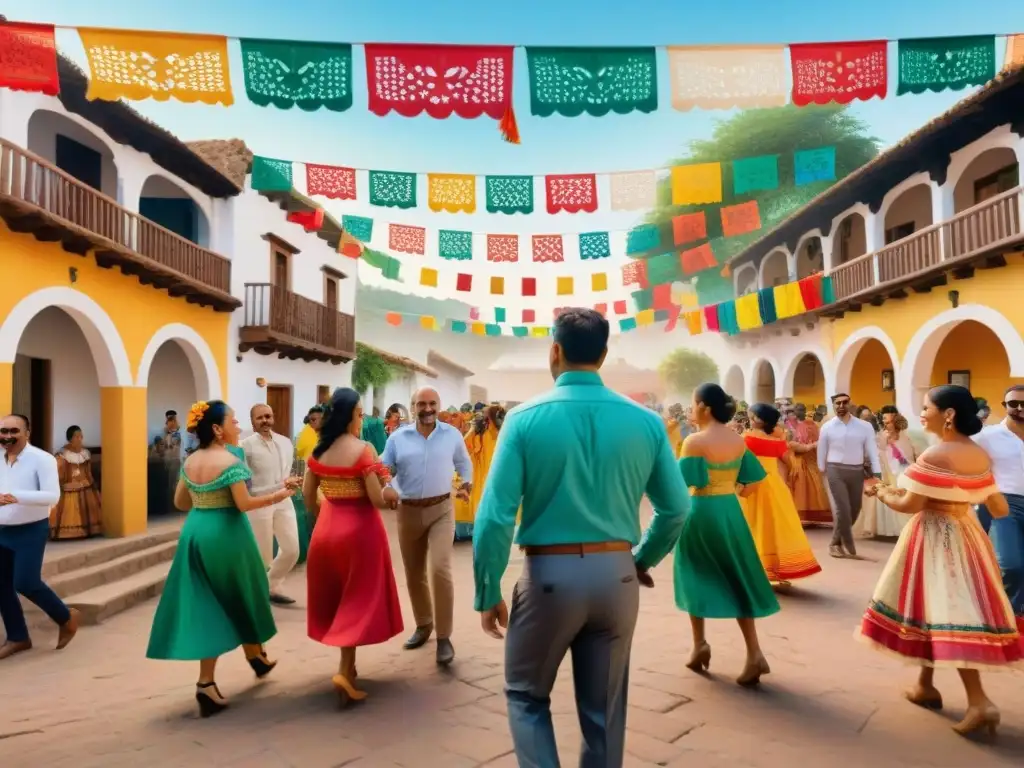 Una vibrante fiesta en la plaza de un pintoresco pueblo, con música alegre y riqueza cultural en cada detalle