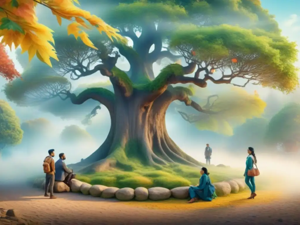 Una ilustración acuarela vibrante de un grupo diverso conversando bajo un árbol multicolor, simbolizando la riqueza de la multilingüismo y la unidad