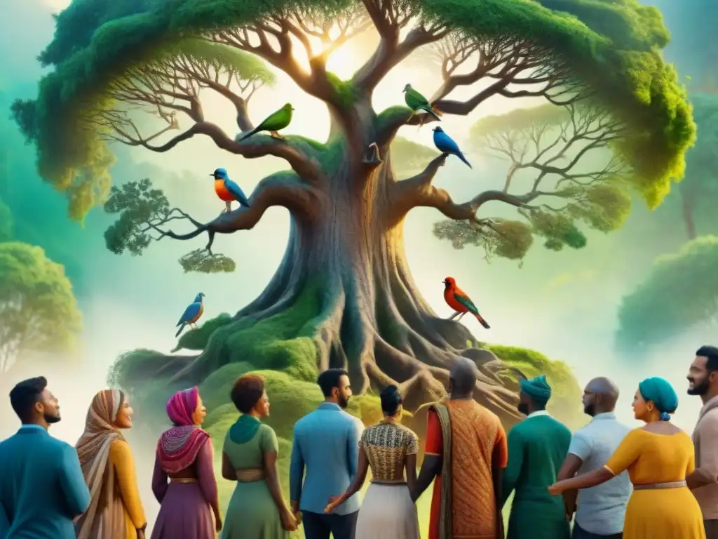 Ilustración acuarela vibrante de grupo diverso en comunidad alrededor de árbol ancestral