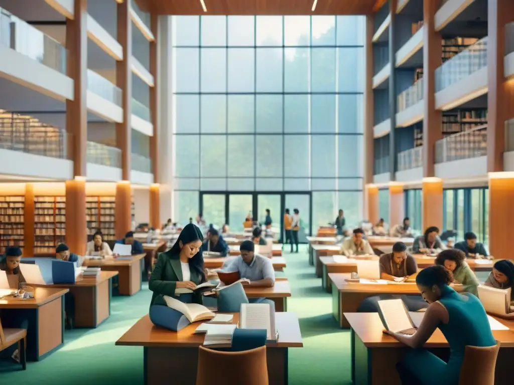 Un vibrante grupo de estudiantes estudia juntos en una biblioteca llena de libros, rodeados de citas inspiradoras