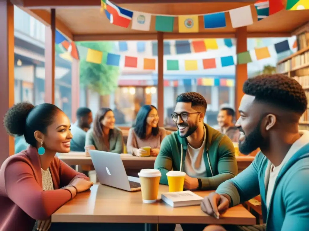 Un vibrante intercambio cultural en una cafetería, con libros, laptops y banderas de idiomas