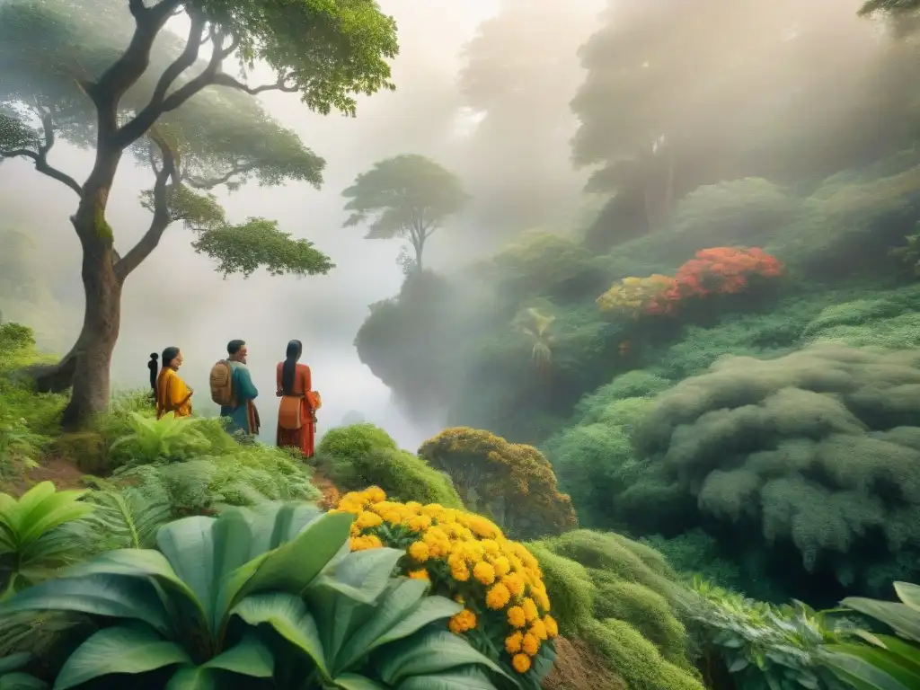 Intercambio cultural: indígenas y hispanohablantes en la selva Una ilustración vibrante de intercambio cultural entre indígenas y hispanohablantes en un bosque exuberante