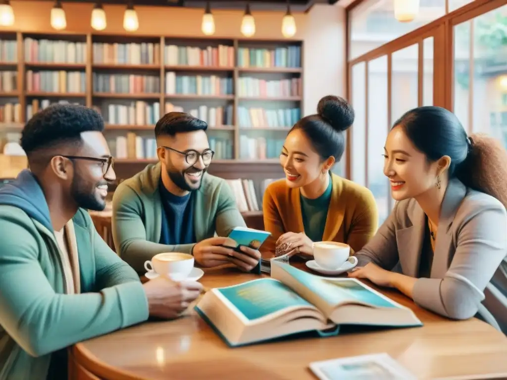 Un vibrante intercambio de idiomas en un acogedor café, donde la comunidad se une en aprendizaje de segundas lenguas e identidad