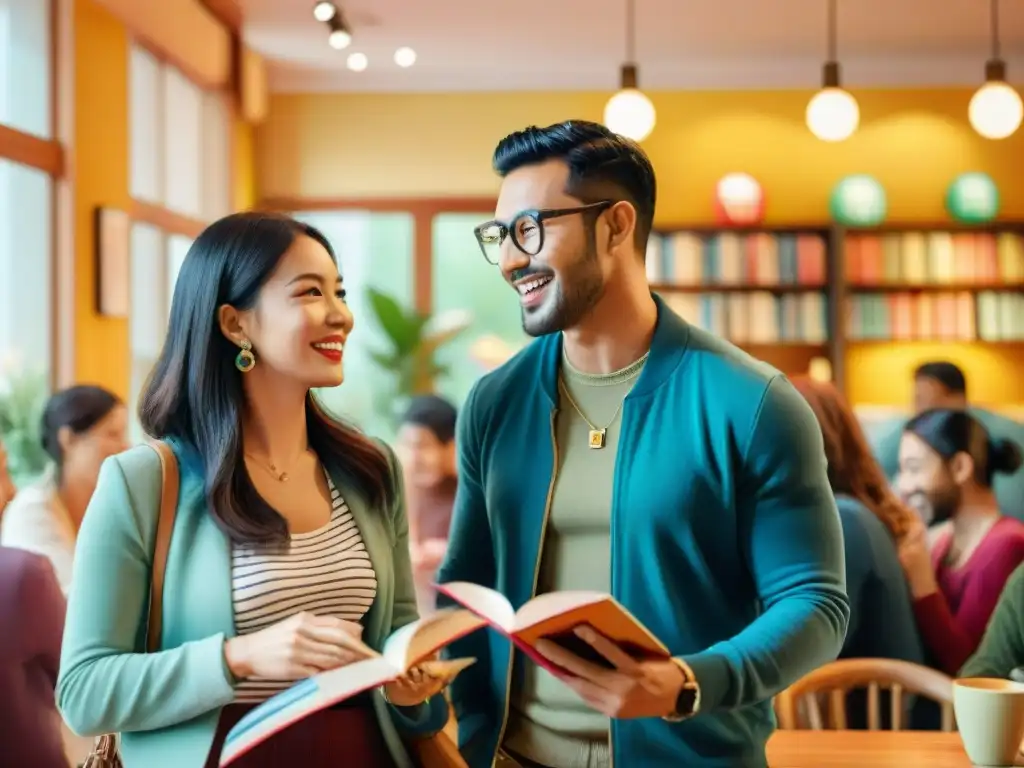 Vibrante intercambio de idiomas en café, con juegos para aprender idiomas