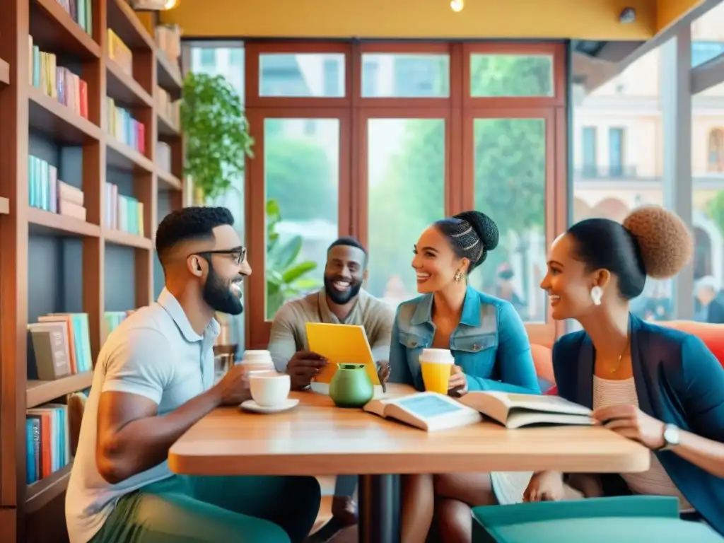 Un vibrante intercambio de idiomas en una cafetería, reflejando el aprendizaje colaborativo a través de redes sociales