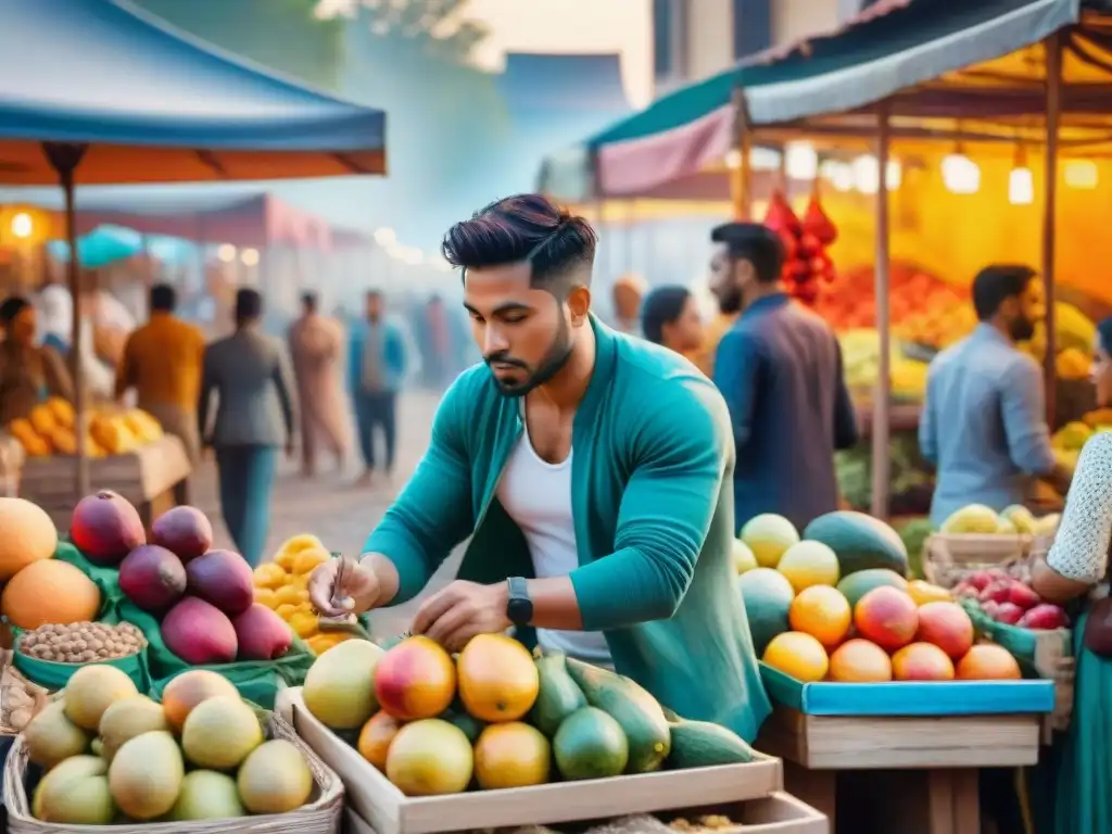 Vibrante intercambio lingüístico en mercado multicultural