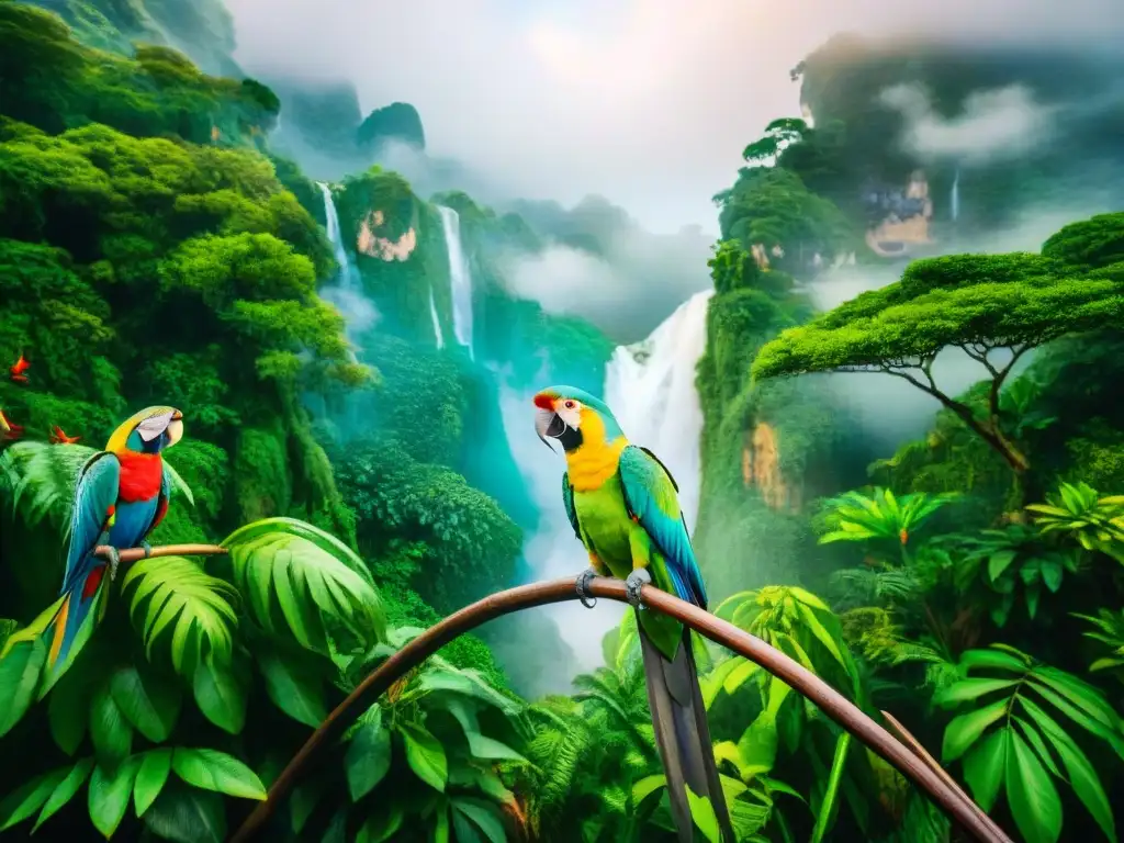 Vibrante ilustración acuarela de jungla con loros coloridos y plataforma online aprender idiomas exóticos