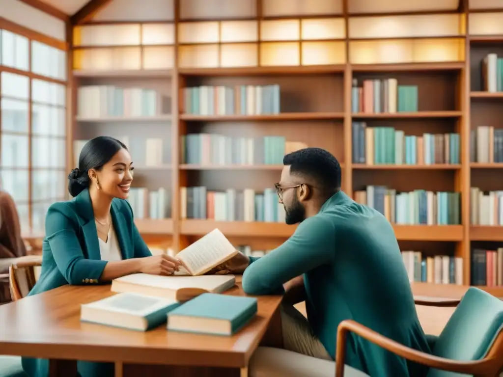 Vibrante discusión literaria en biblioteca acogedora