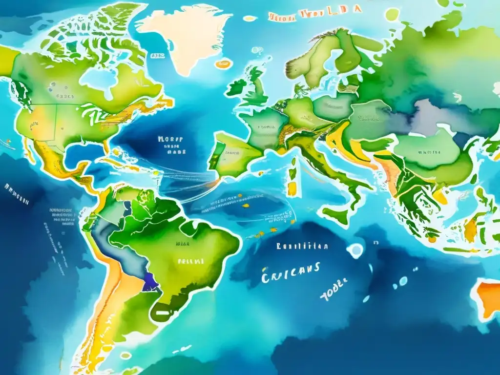 Vibrante ilustración acuarela de un mapa mundial detallado con pinceladas delicadas y colores vibrantes