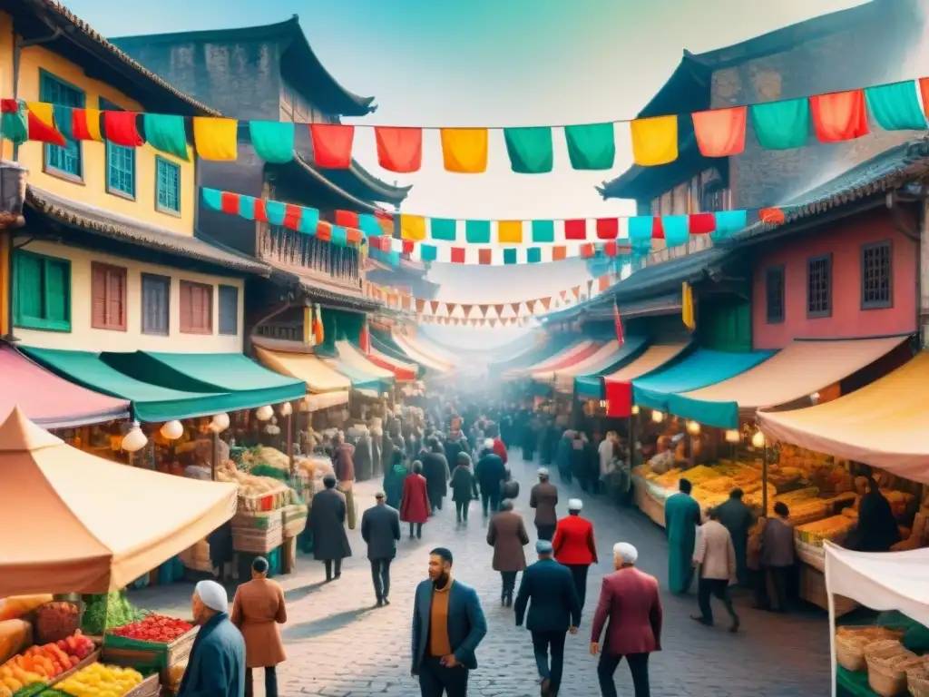 Vibrante mercado al aire libre en una ciudad multicultural, reflejando la influencia cultural en traducción lingüística