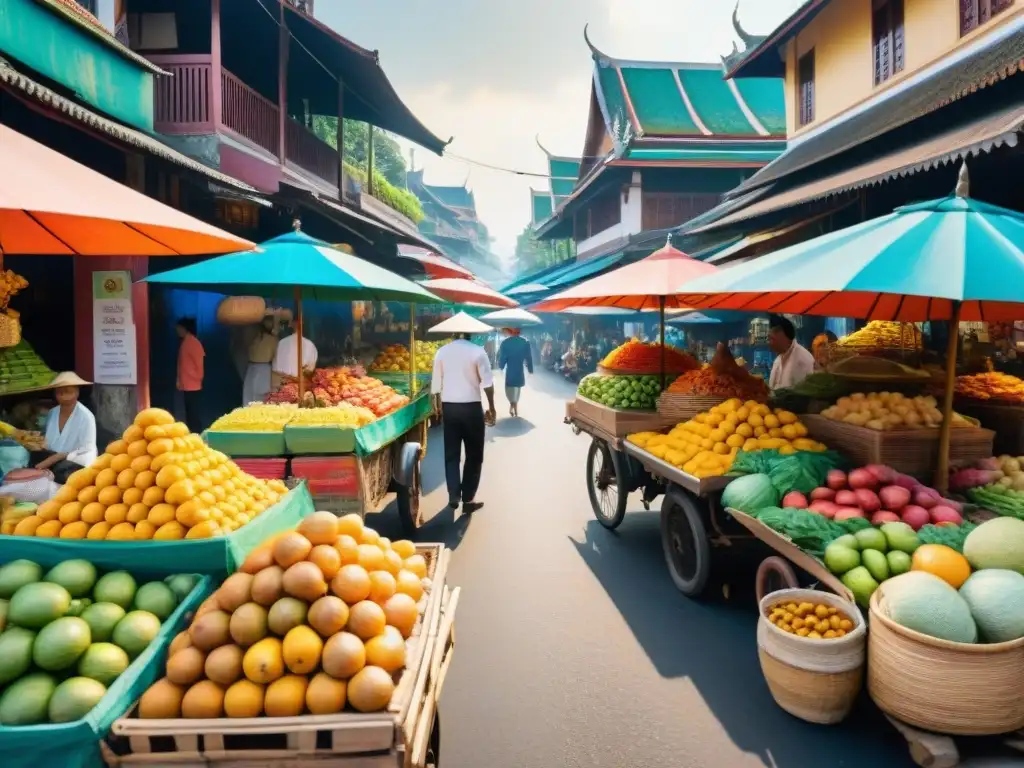 Un vibrante mercado callejero tailandés, con puestos coloridos y vendedores sonrientes, inmerso en la cultura tailandesa