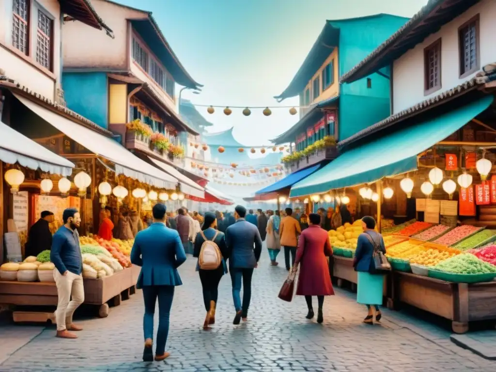 Vibrante mercado en una ciudad extranjera, personas diversas y animadas conversaciones en varios idiomas