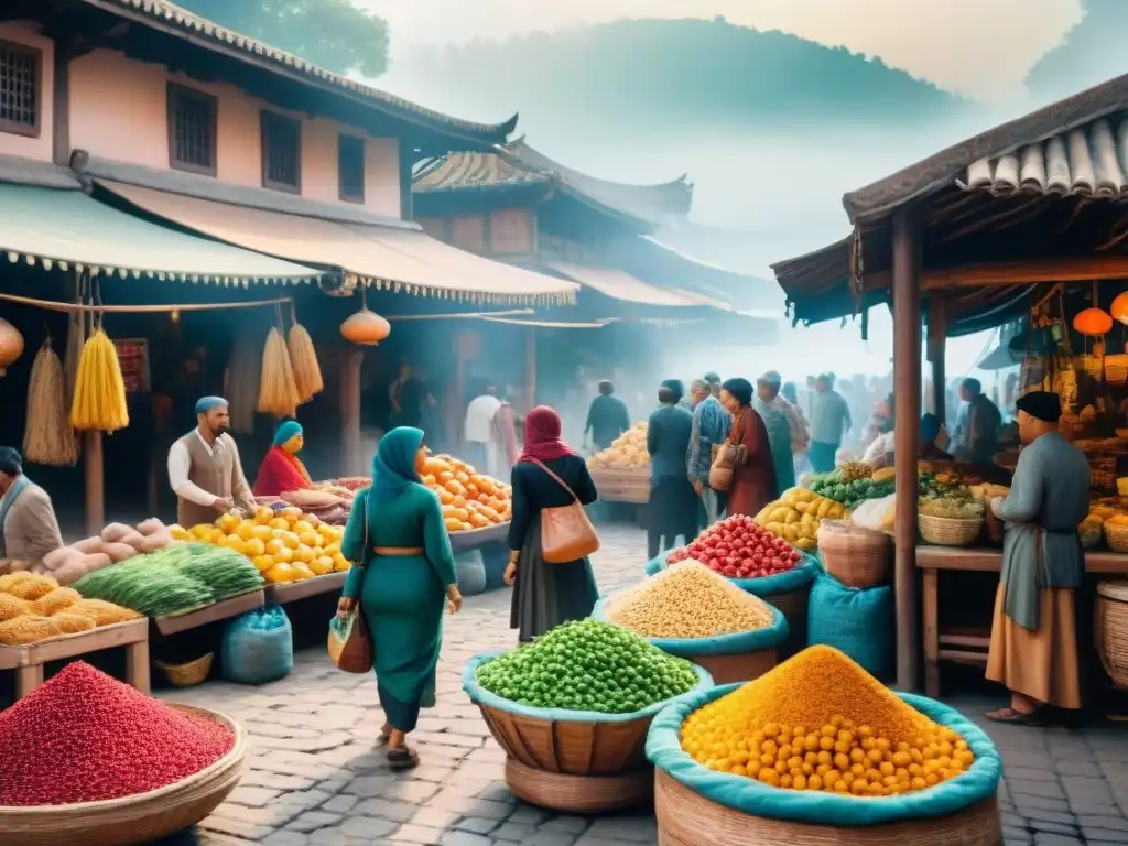 Mercado multicultural: pintura acuarela llena de vida y color Vibrante mercado cultural con diversidad de personas y elementos tradicionales