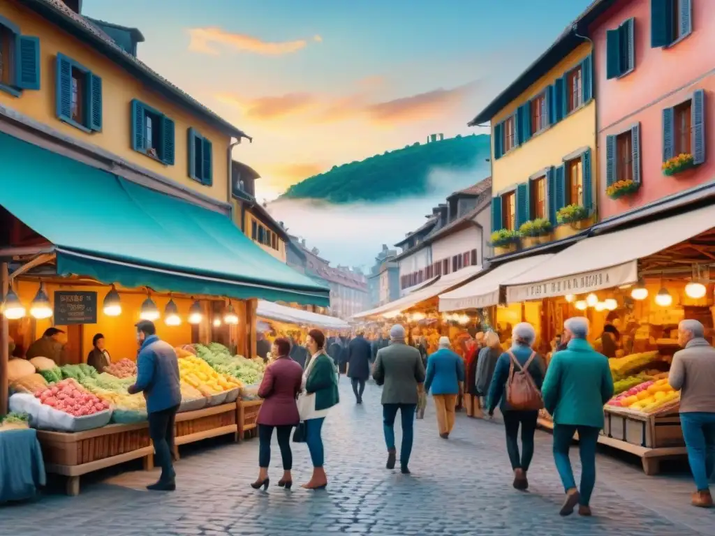 Mercado europeo pintoresco al atardecer: encanto cultural en acuarela Un vibrante mercado europeo en acuarela con turistas y arquitectura tradicional al atardecer