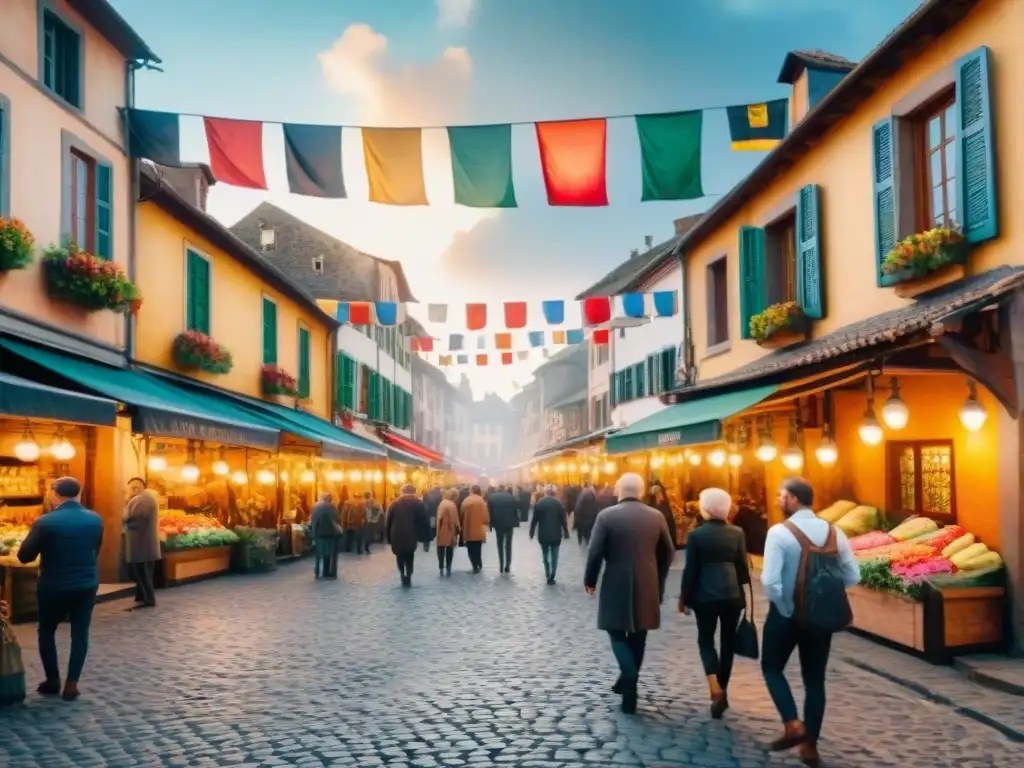 Vibrante mercado europeo con arquitectura tradicional, banderas coloridas y lenguas regionales