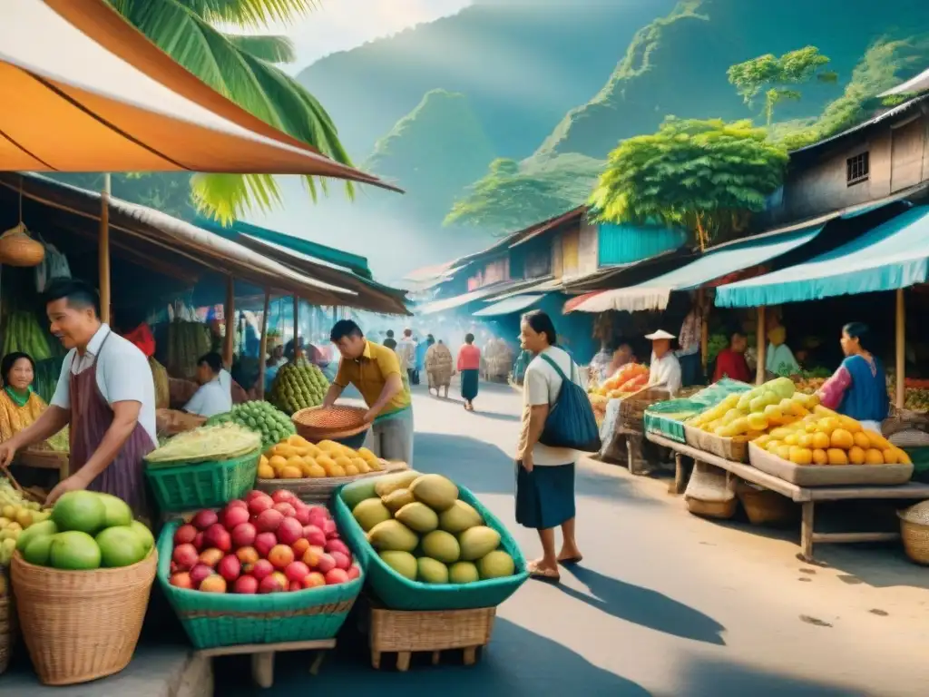 Vibrante mercado filipino con vendedores y cestas de frutas, conversaciones en Tagalog bajo el sol