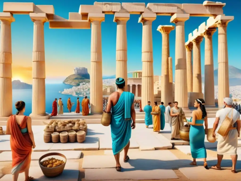 Ilustración acuarela de un vibrante mercado griego antiguo con la Acropolis de fondo