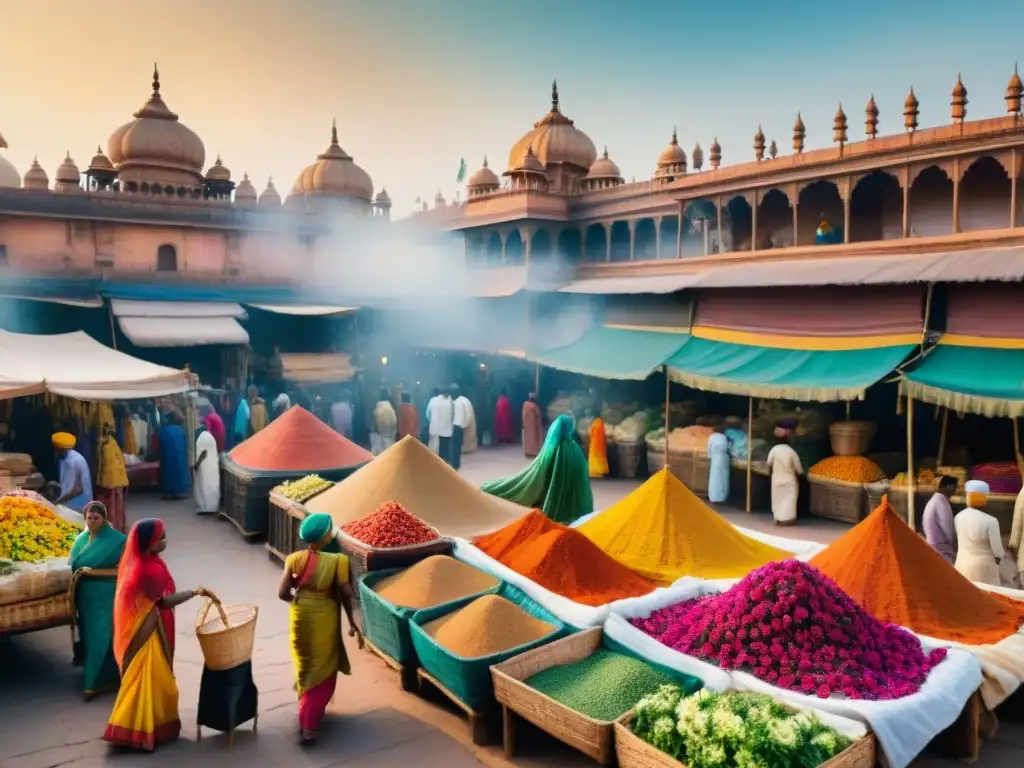 Un vibrante mercado indio con vendedores de textiles y especias, un palacio al fondo y saris coloridos