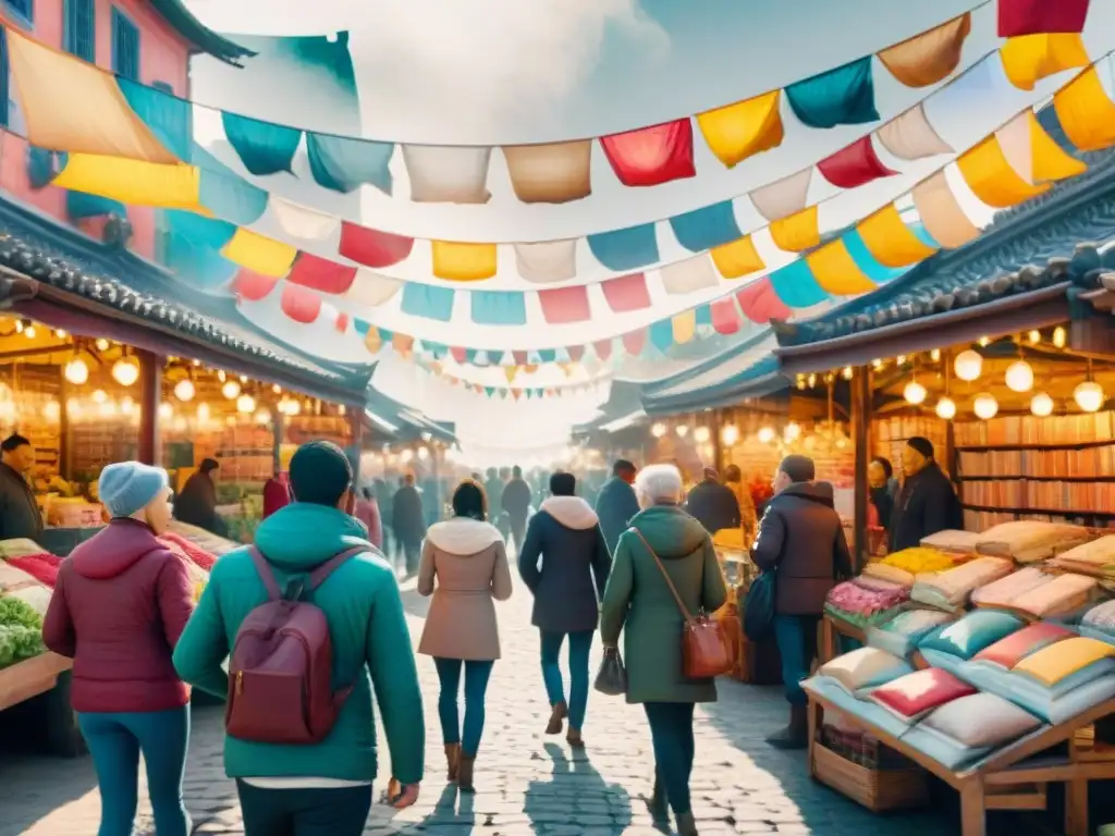 Un vibrante mercado lleno de diversidad, con gente aprendiendo idiomas a través de métodos científicamente probados