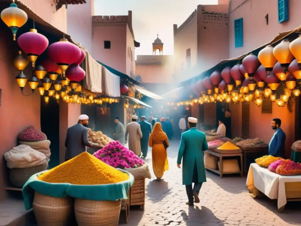 Vibrante mercado en Marrakech, Marruecos, con locales hablando en árabe