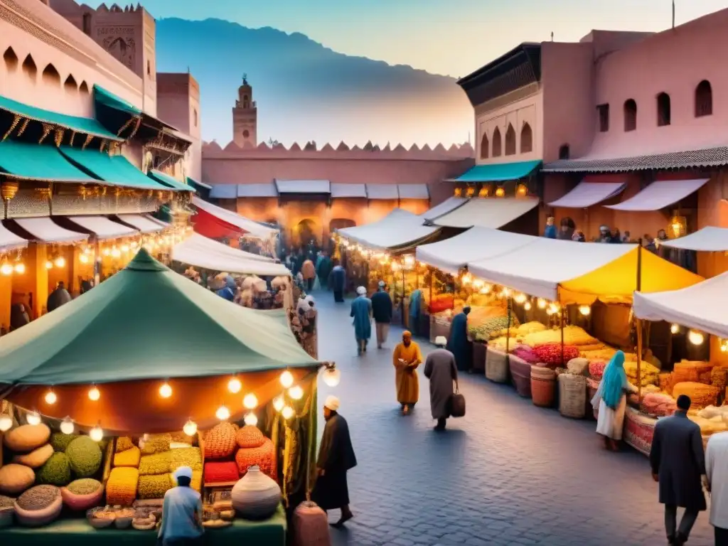 Vibrante mercado en Marrakesh, Marruecos, reflejado en acuarela