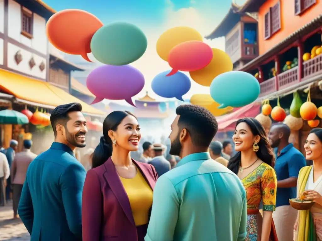 Un vibrante mercado multicultural donde la diversidad lingüística y cultural mundial se entrelaza en coloridas conversaciones