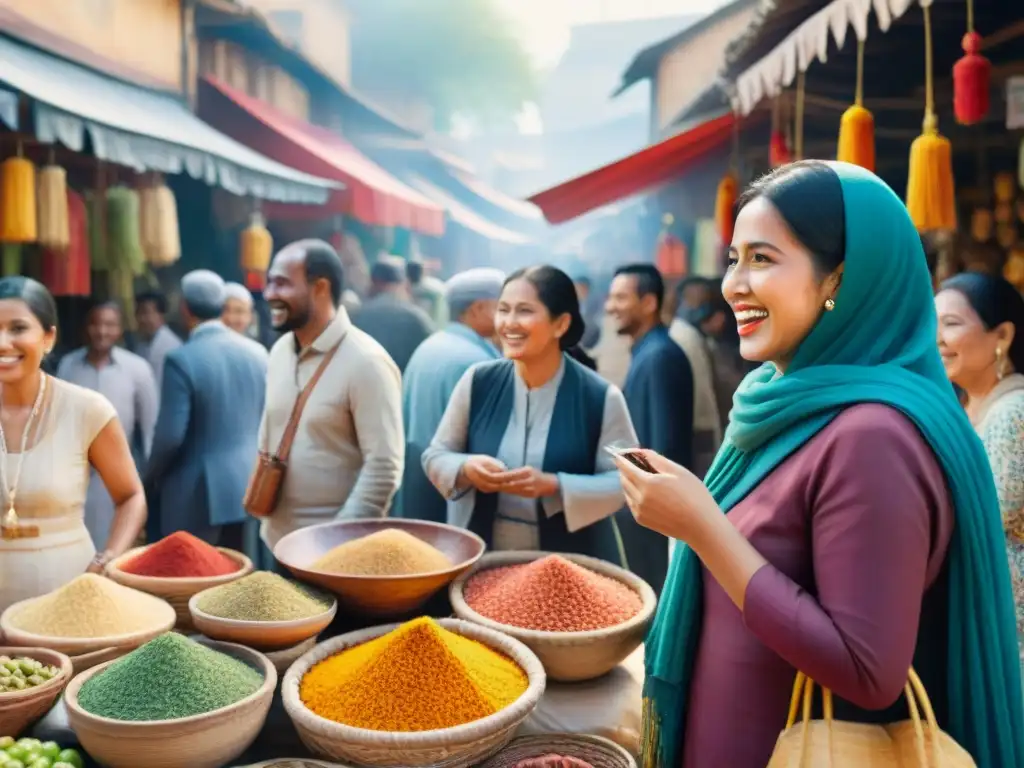 Un vibrante mercado donde personas de diferentes culturas y edades conversan en idiomas olvidados, reflejando el resurgimiento lingüístico