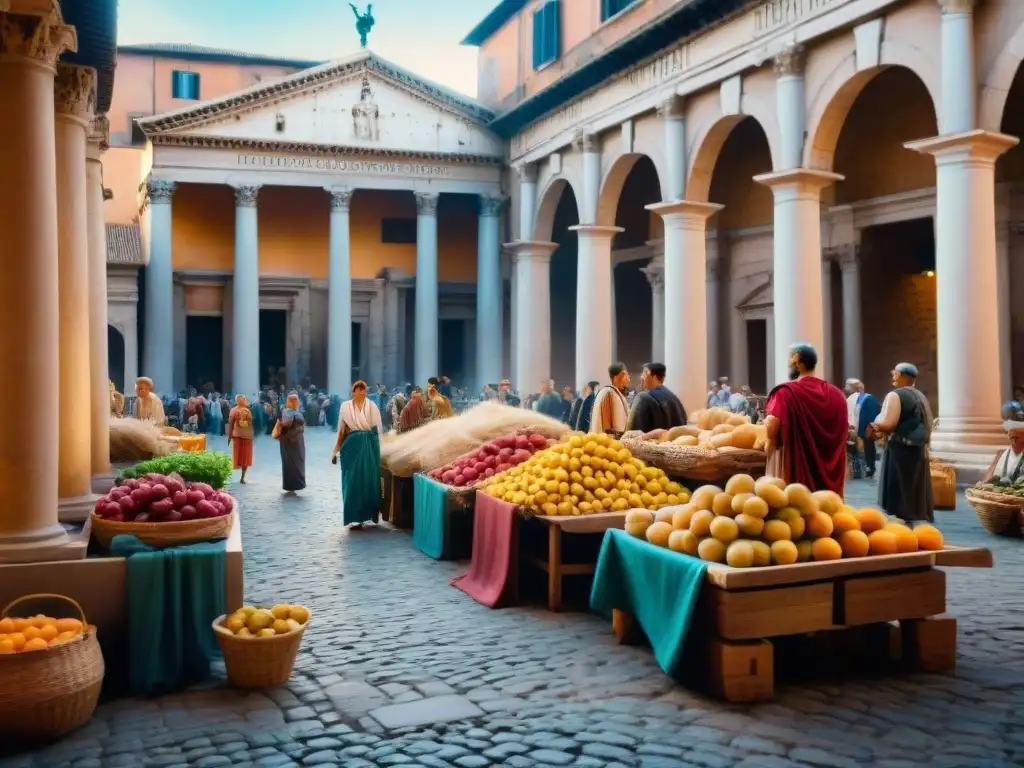 Vibrante mercado romano con ciudadanos latinos, columnas y estatuas