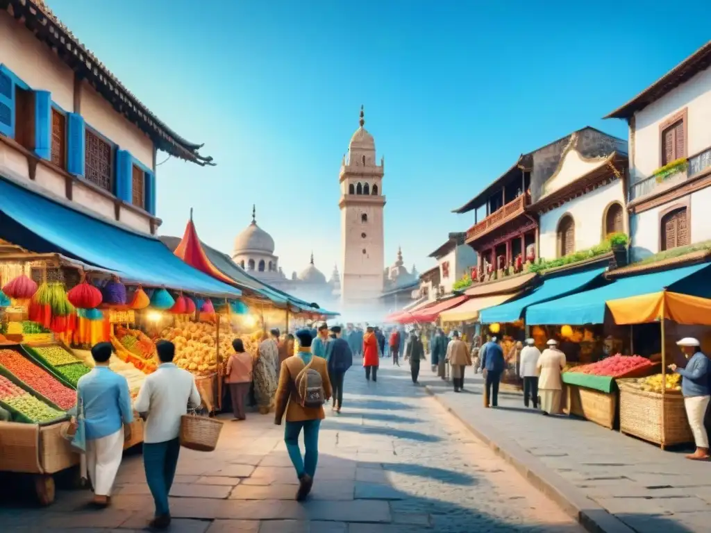 Un vibrante mercado turístico con turistas admirando edificios históricos bajo un cielo azul